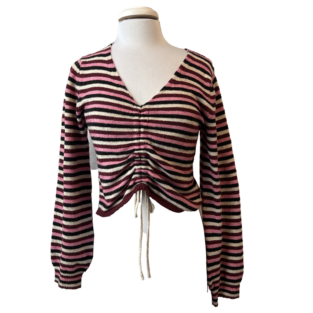 Wallflower Women's M Pink Striped Cropped Balloon Sleeve Soft Sweater Y2K Grunge